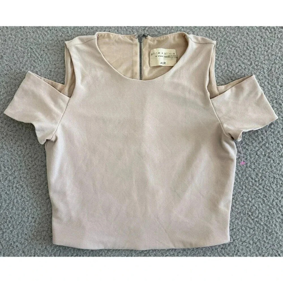 Alice Olivia Vicki Cold Shoulder Cutout Crop Top Nude Size 0 Knit Stretch - Picture 1 of 16